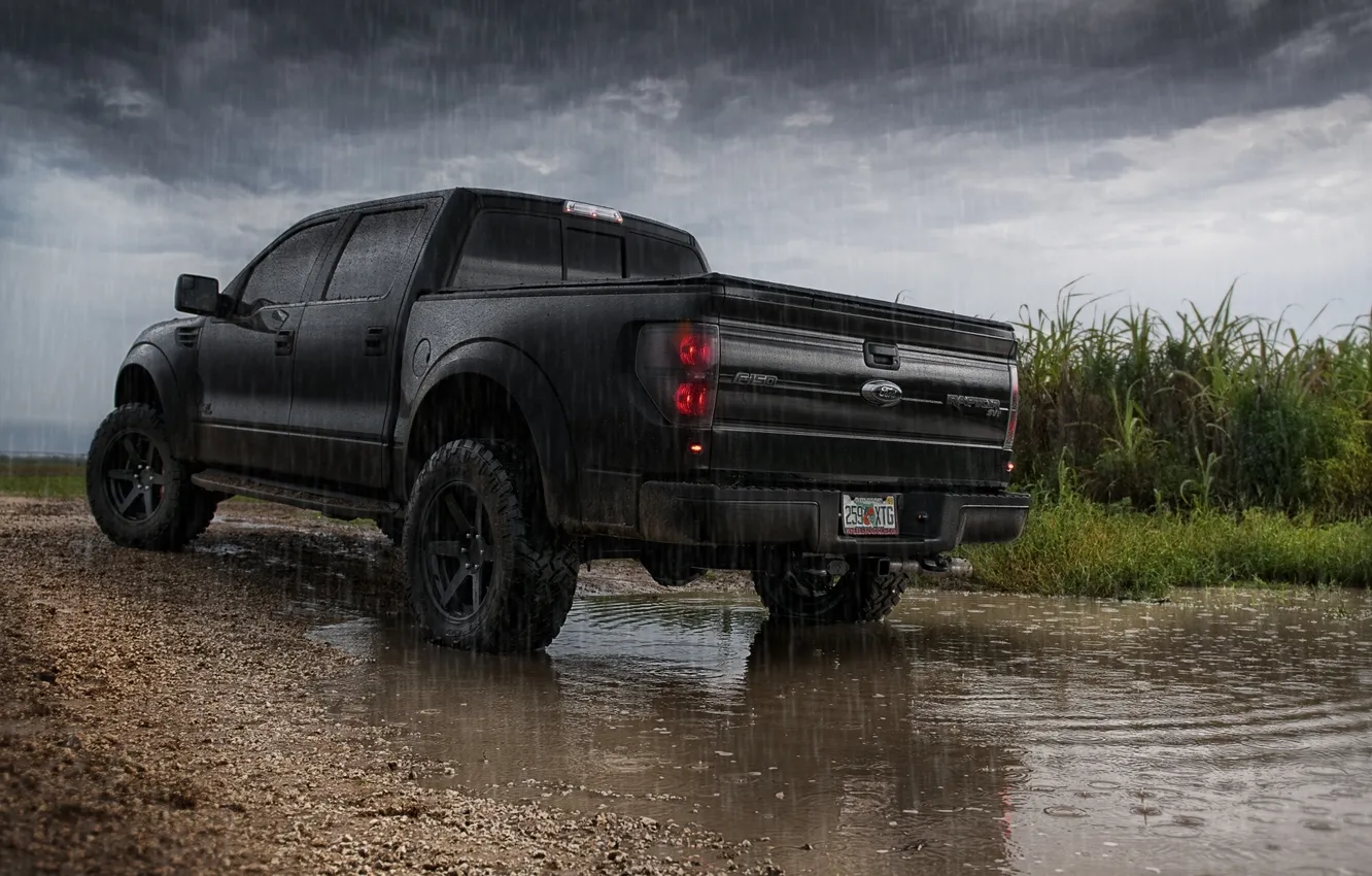 Фото обои небо, трава, вода, тучи, дождь, чёрный, тюнинг, Ford