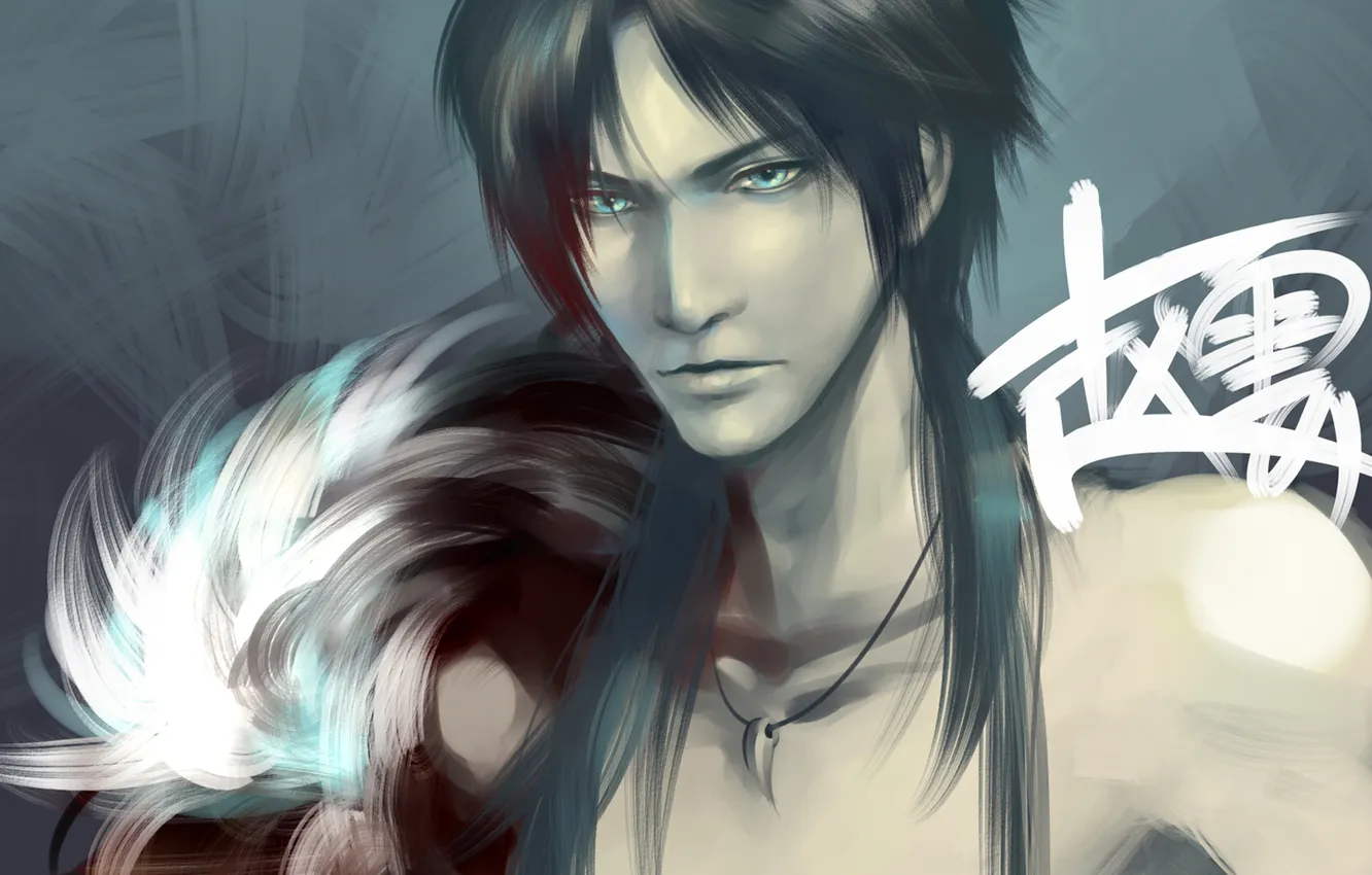 Фото обои иероглифы, кулон, парень, голубые глаза