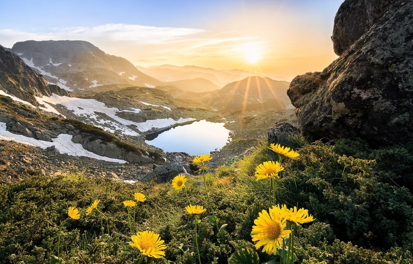 Фото обои nature, flowers, glow, mountains, lake, snow, sun, Bulgaria