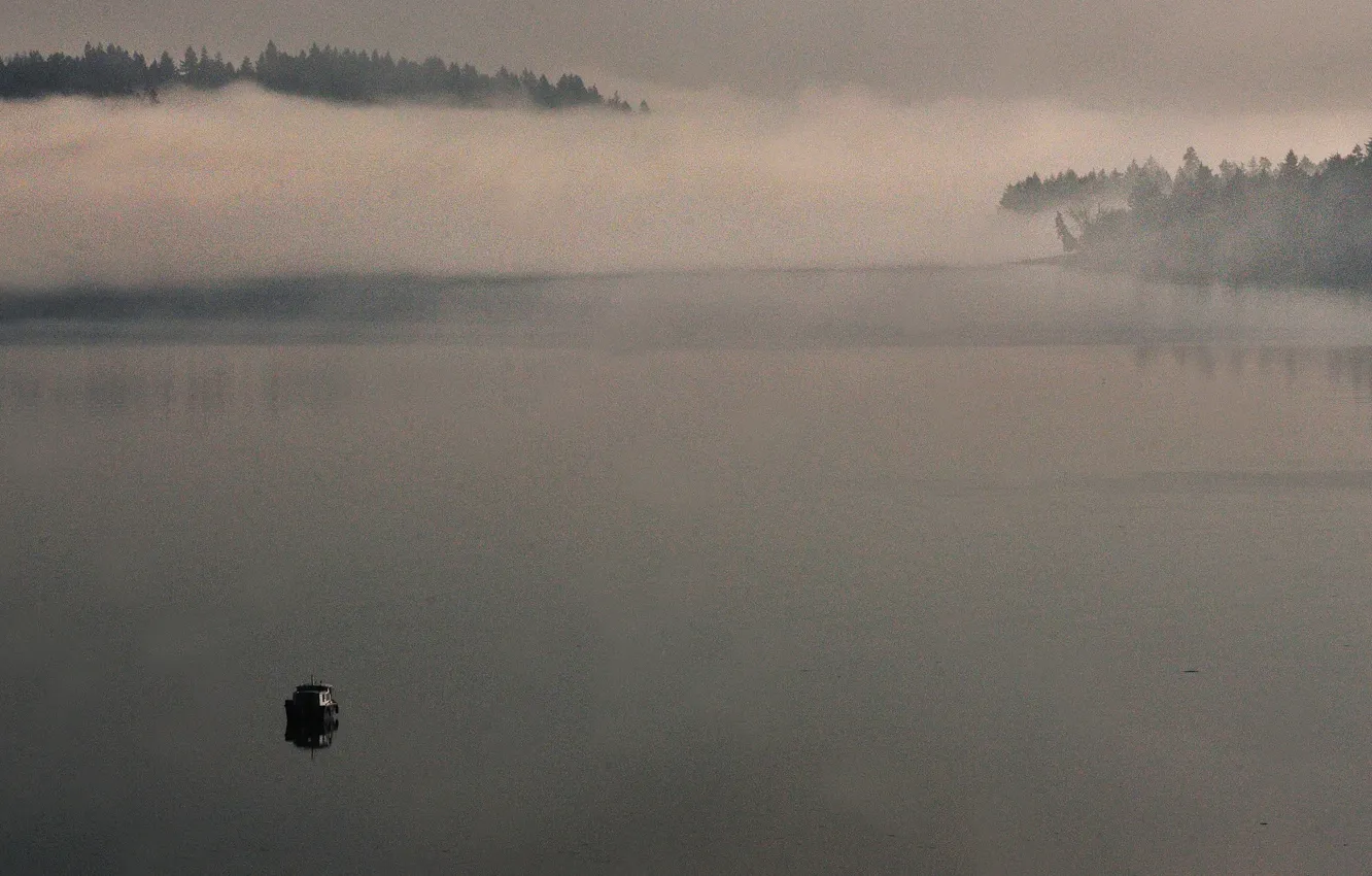 Фото обои fog, boat, morning mist