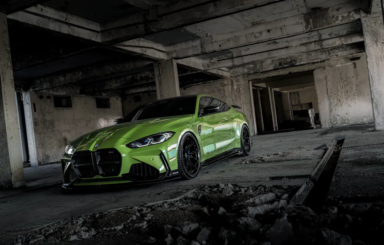 Фото обои BMW, Green, Front, Building, M4 Coupe, G82, BMW M4 Coupe, ADRO