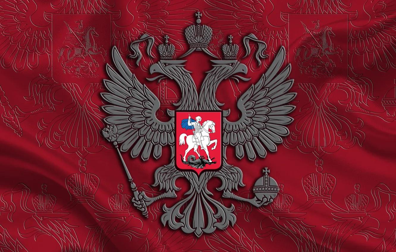 Фото обои Герб, Россия, Двуглавый орёл, Красный фон, Святой Георгий Победоносец, Российская федерация