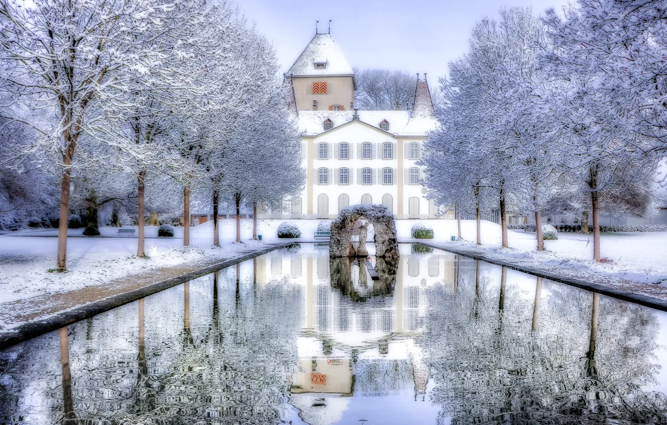 Фото обои зима, снег, деревья, пруд, отражение, замок, Швейцария, Switzerland