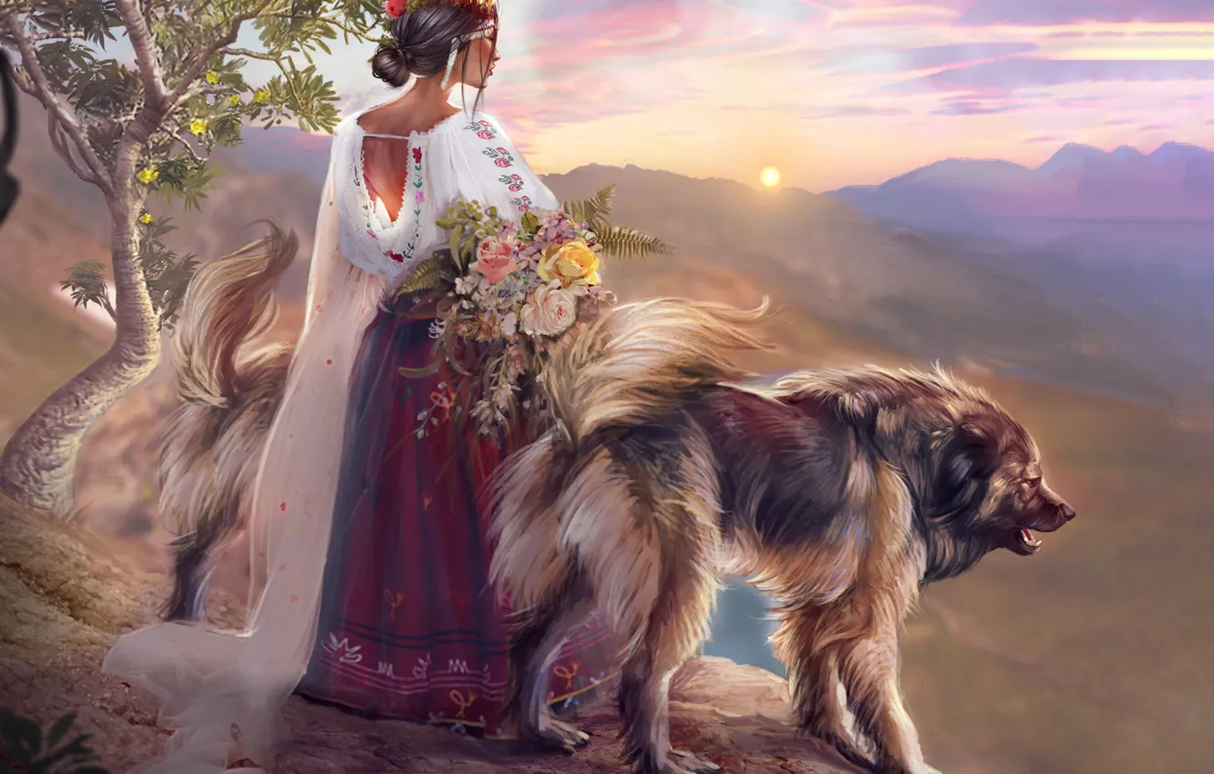 Фото обои Закат, Девушка, Собака, Рисунок, Стиль, Платье, Собаки, by Kaloyan Stoyanov