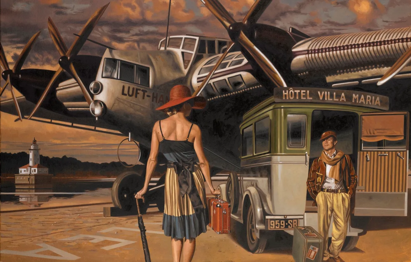Фото обои машина, самолет, зонтик, женщина, рисунок, спина, шляпа, мужчина