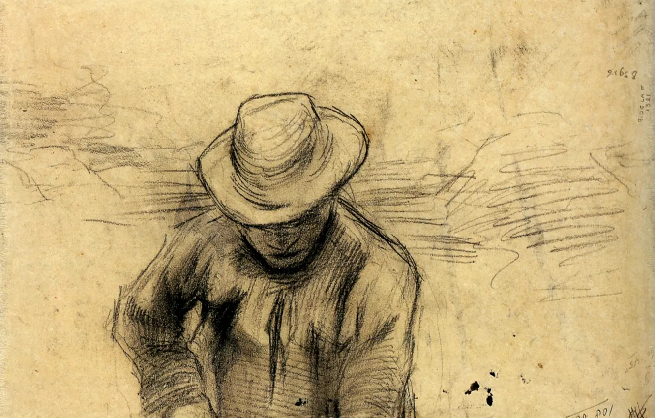 Фото обои шляпа, мужчина, Vincent van Gogh, Peasant with a Fork