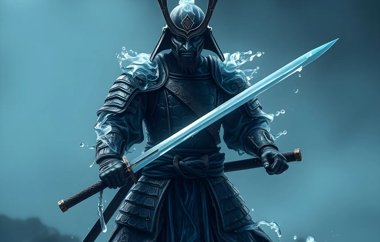 Фото обои man, samurai, warrior, AI Art, Sword man