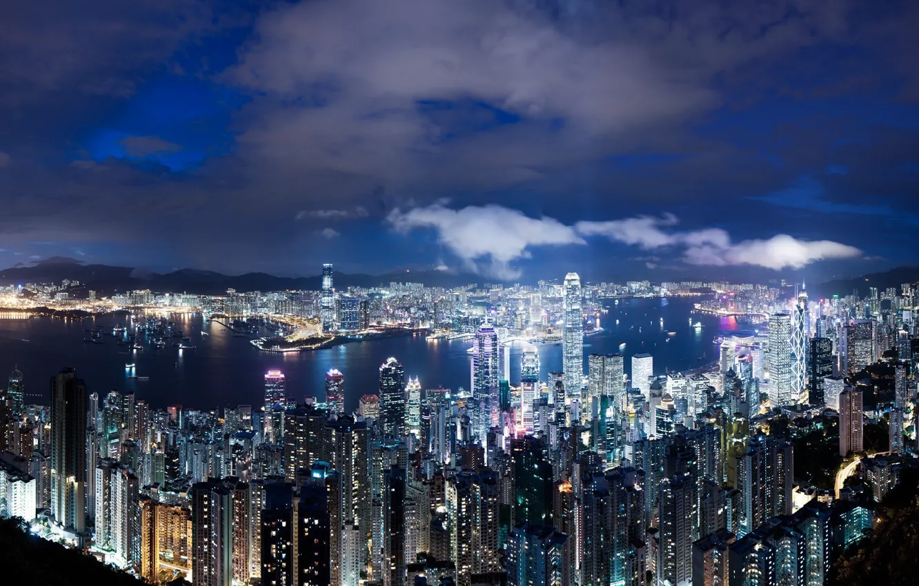 Фото обои ночь, China, небоскребы, залив, Hong-Kong