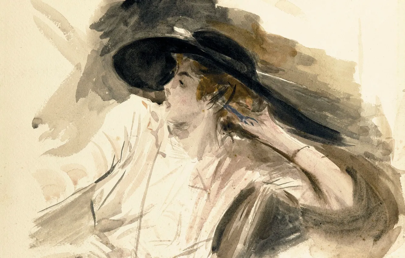 Фото обои рисунок, портрет, акварель, Giovanni Boldini, Джованни Больдини, Молодая Женщина в Большой Шляпе