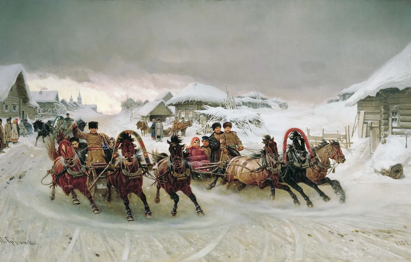 Фото обои зима, праздник, Пётр Николаевич Грузинский, тройка