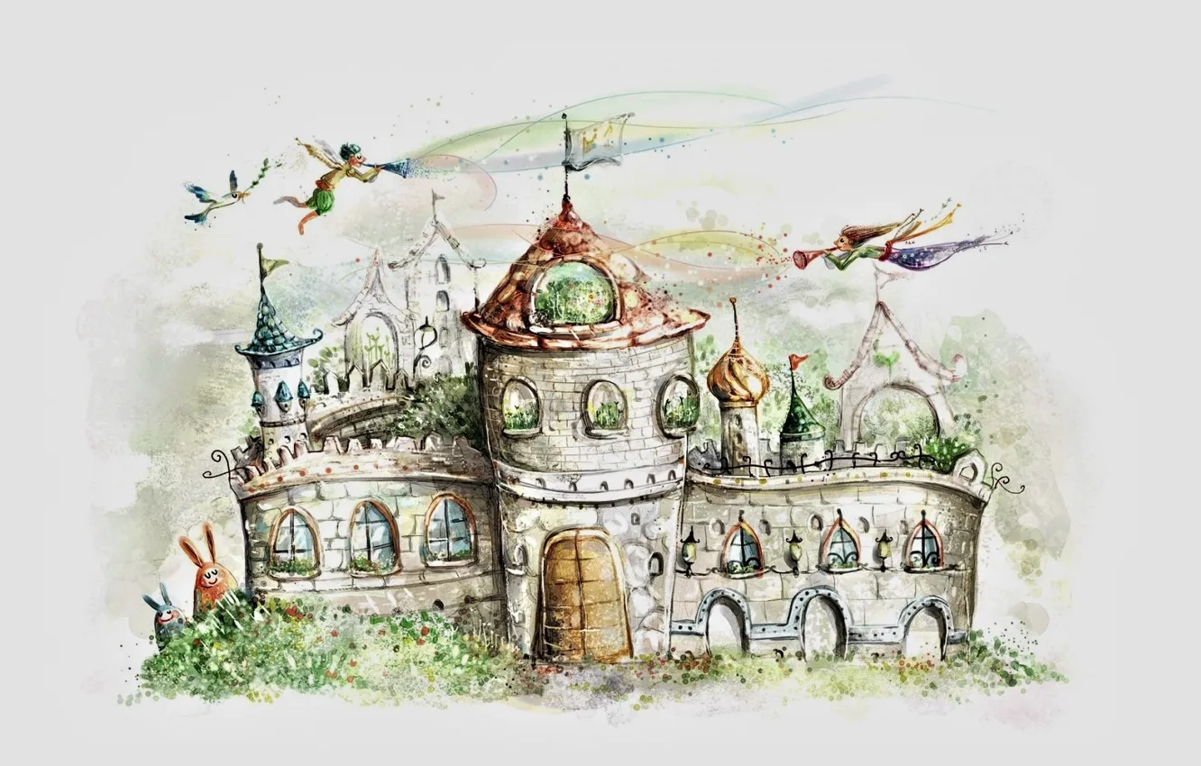 Фото обои замок, рисунок, сказка, ворота, флаг, эльфы, серый фон, шпили