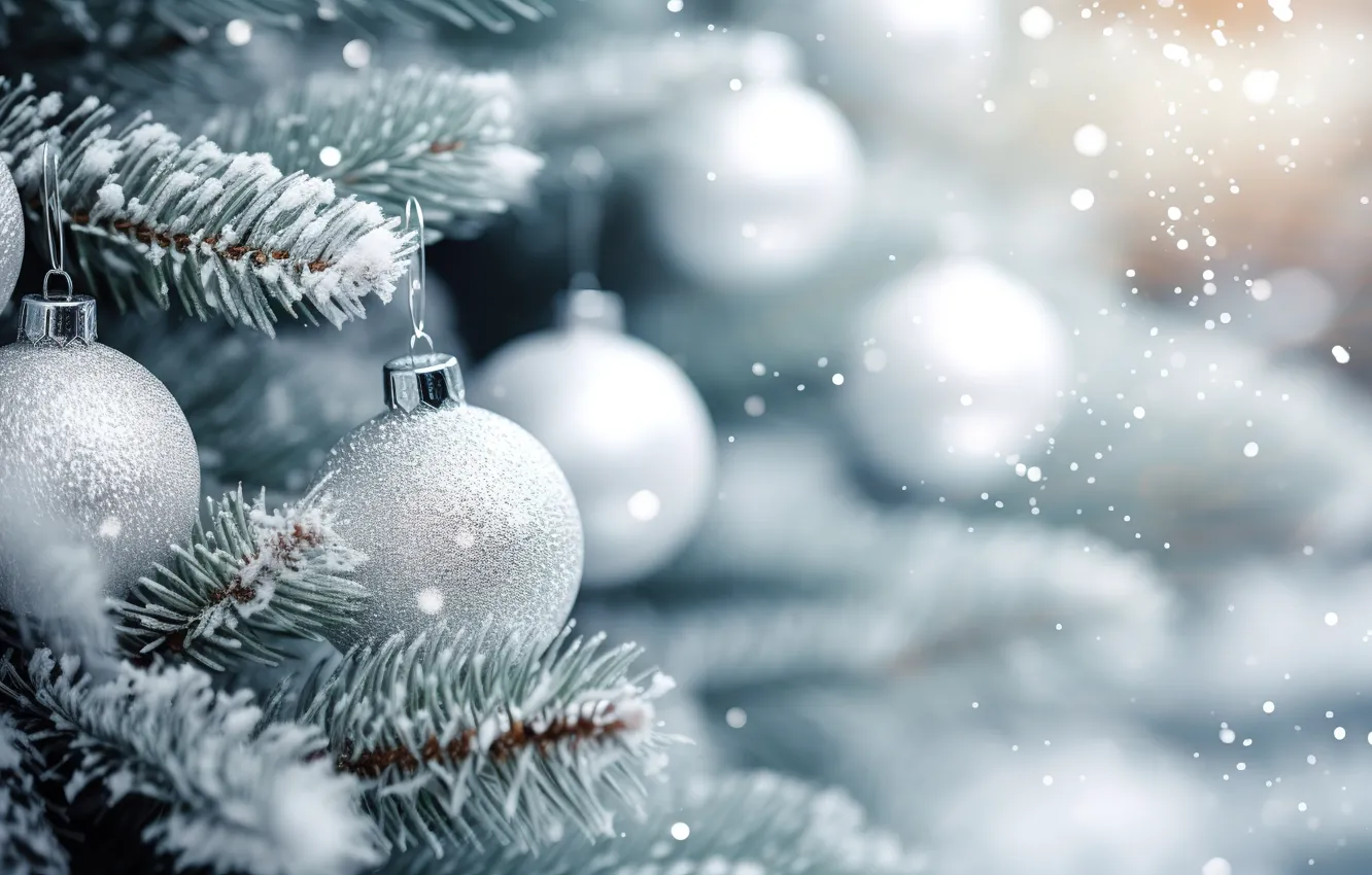 Фото обои украшения, фон, шары, елка, Новый Год, Рождество, white, new year