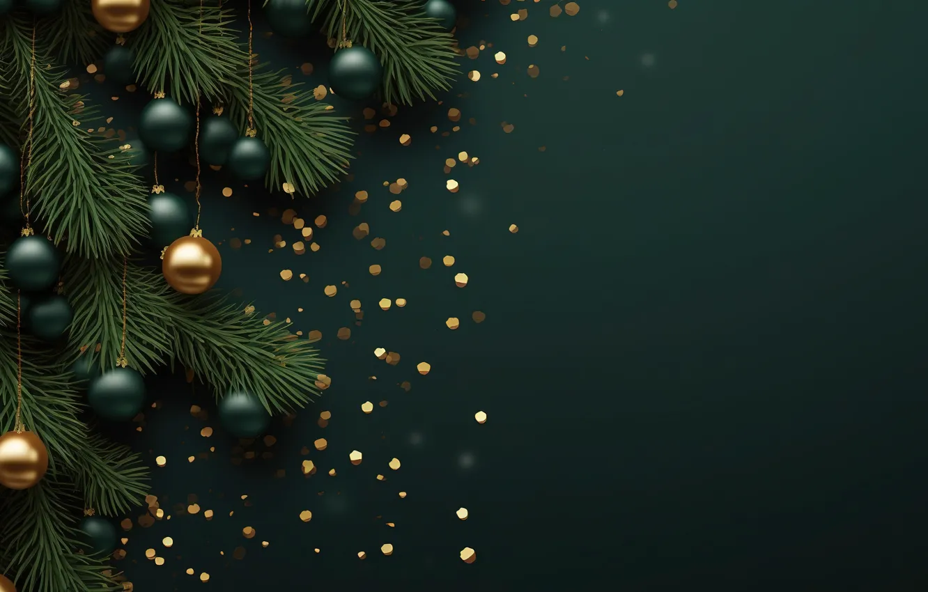 Фото обои украшения, темный фон, шары, Новый Год, Рождество, golden, new year, happy