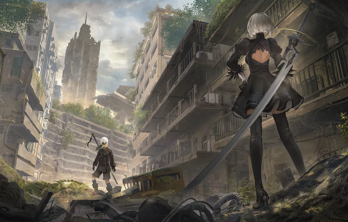 Фото обои девушка, руины, парень, YoRHa No. 2 Type B, by RAYxRAY, NieR: Automata среди руин, YoRHa …