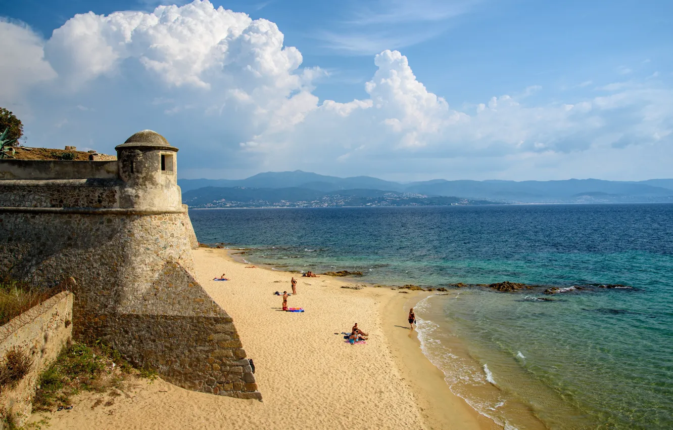 Фото обои море, пляж, Франция, цитадель, Корсика, башенка, Aяччо