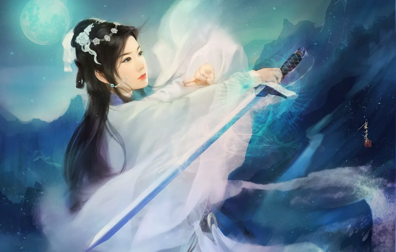 Фото обои девушка, горы, ночь, луна, меч, арт, кимоно, азиатка