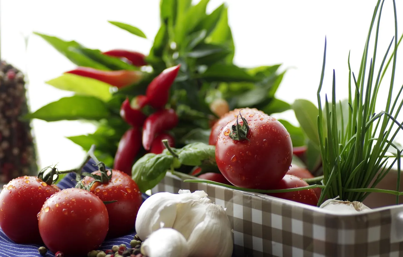 Фото обои зелень, еда, натюрморт, овощи, томаты, чеснок