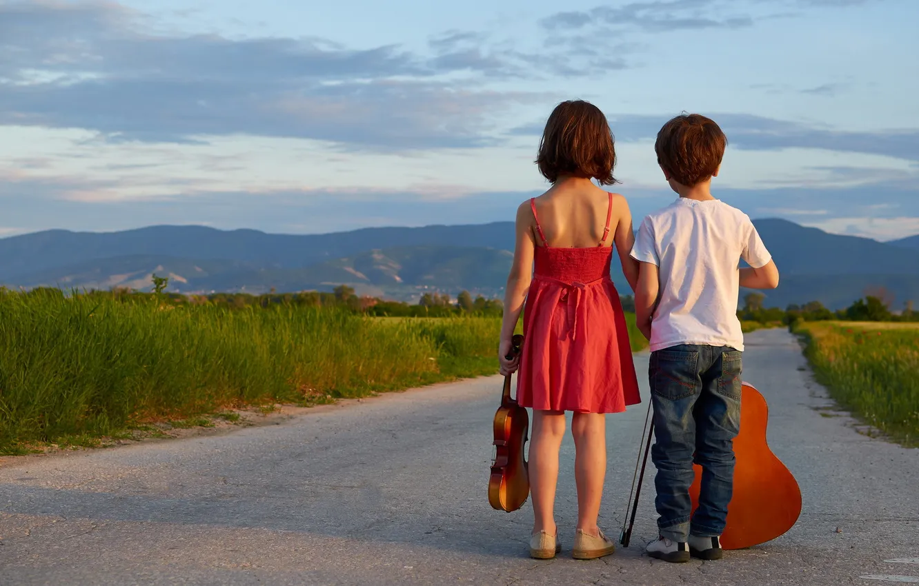 Фото обои dream, guitar, sunset, violin, children, brother and sister, the big world