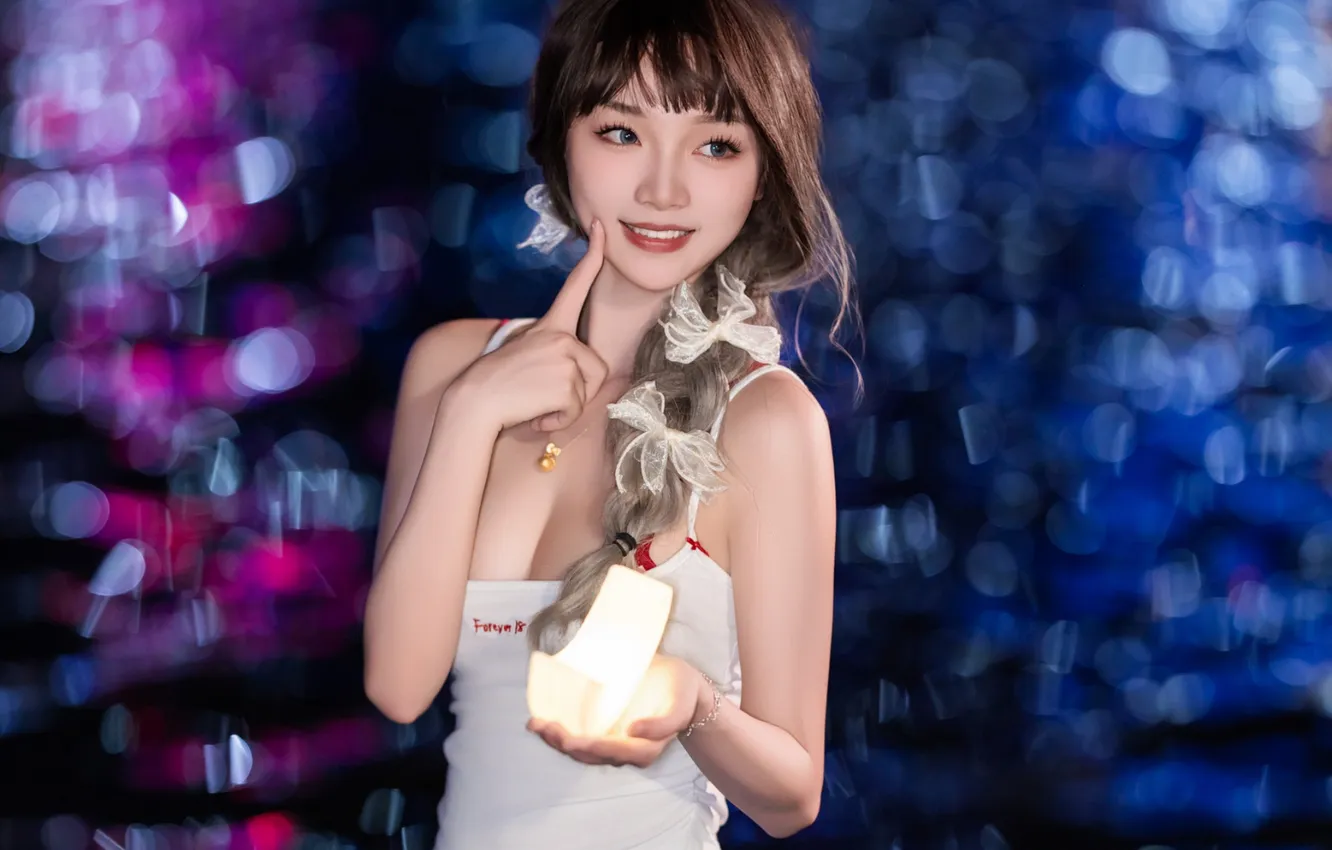 Фото обои Light, Beautiful, Asian, Model, Water, Smile, Night, Woman