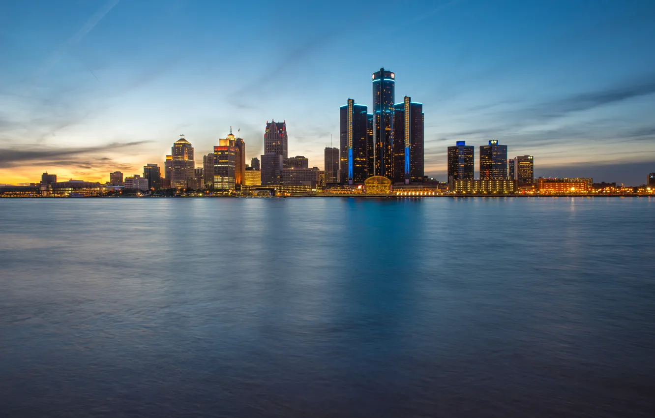 Фото обои skyline, evening, Detroit, Ontario, blue hour, Windsor