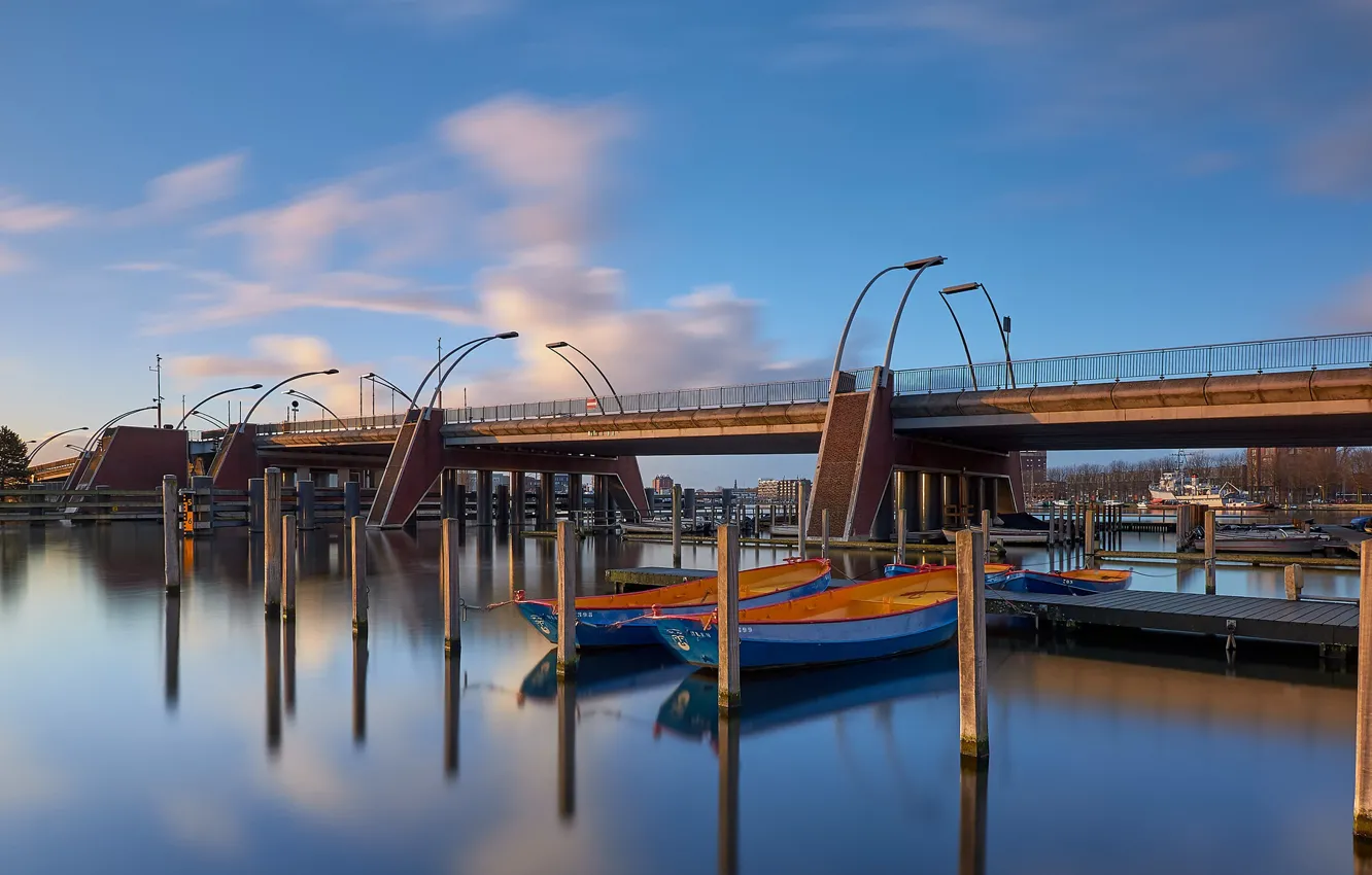 Фото обои мост, река, лодки, Нидерланды, Голландия, Харлем, Schoterbrug