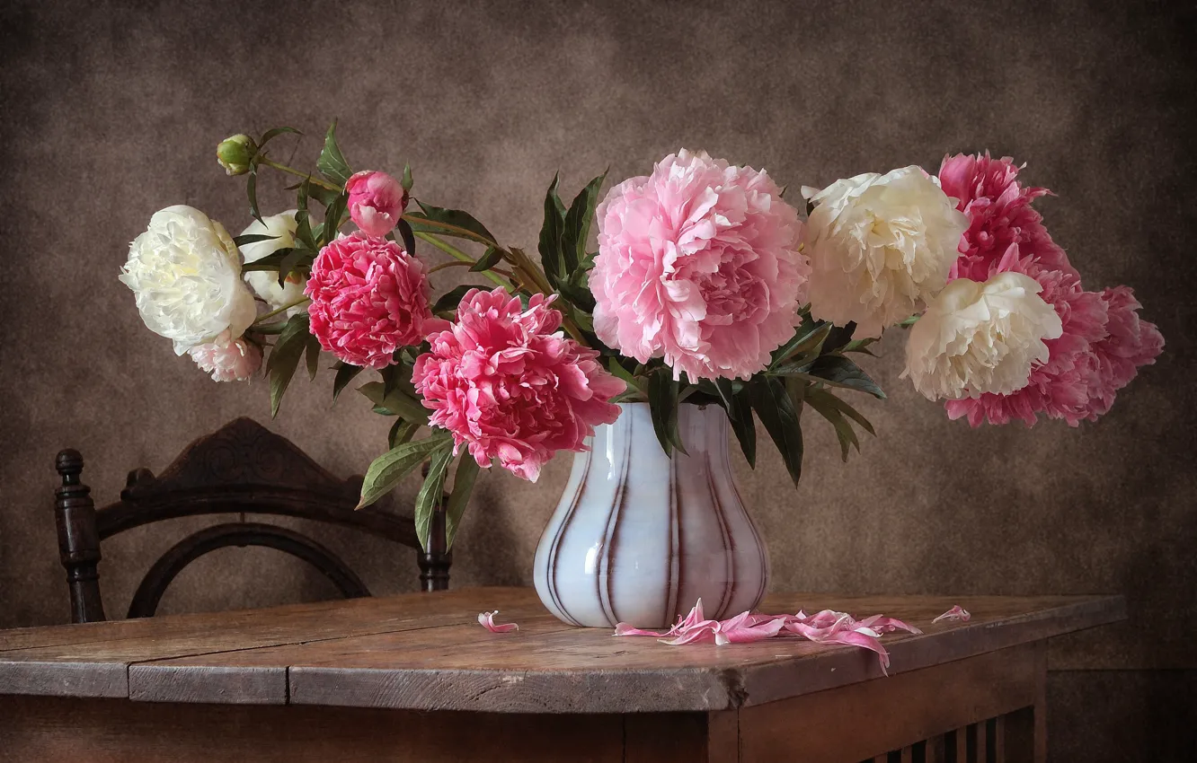 Фото обои цветы, стол, лепестки, ваза, пионы, Nikolay Panov