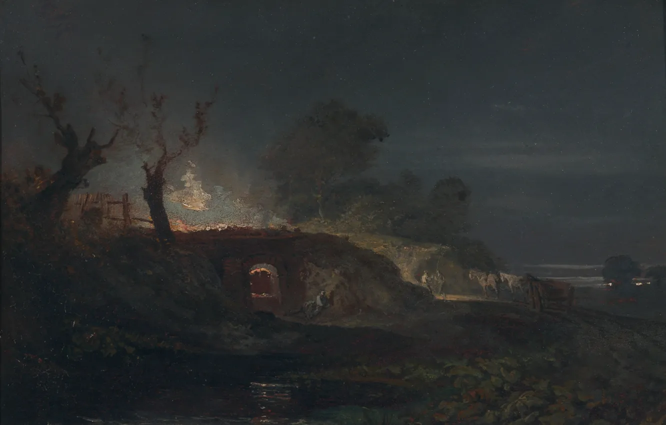 Фото обои свет, пейзаж, ночь, картина, Уильям Тёрнер, Limekiln at Coalbrookdale