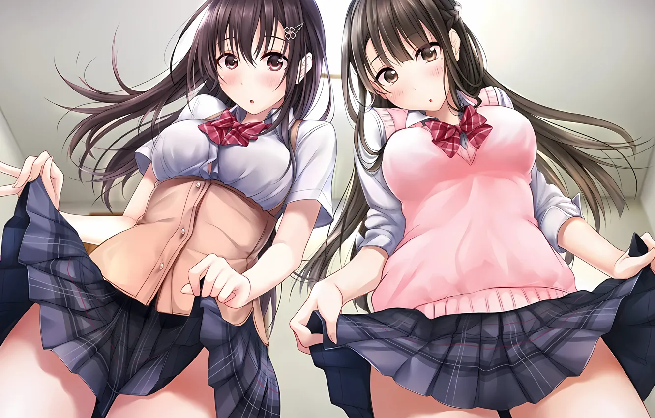 Фото обои sexy, school uniform, long hair, girls, brown hair, brown eyes, anime, beautiful