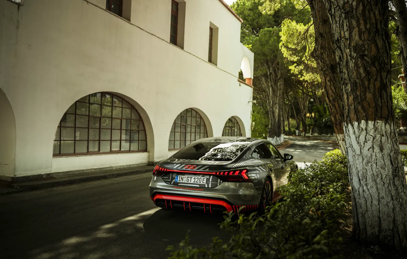 Фото обои стена, дерево, Audi, купе, тень, 2020, RS e-Tron GT Prototype