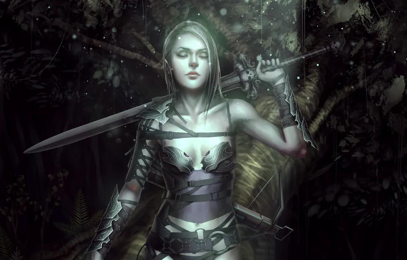 Фото обои лес, девушка, меч, арт, sword, forest, woman, slayer