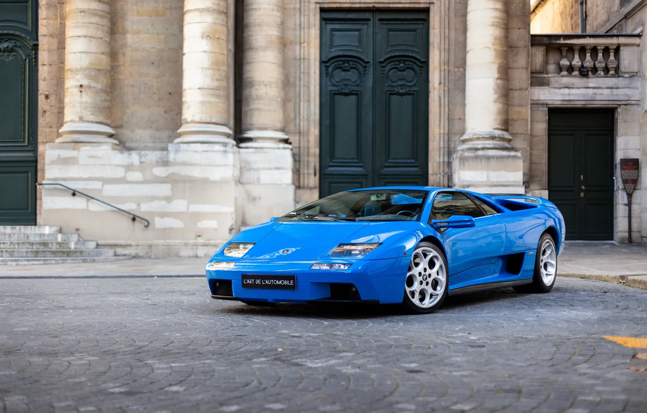 Фото обои Синий, Lamborghini, Здание, Blue, Diablo, Ламборгини, Диабло, Supercar