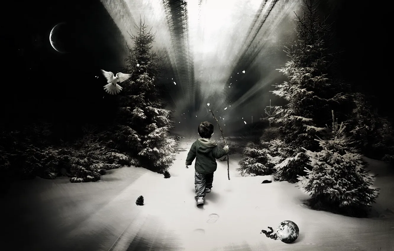 Фото обои лес, снег, один, след, мальчик, ребёнок