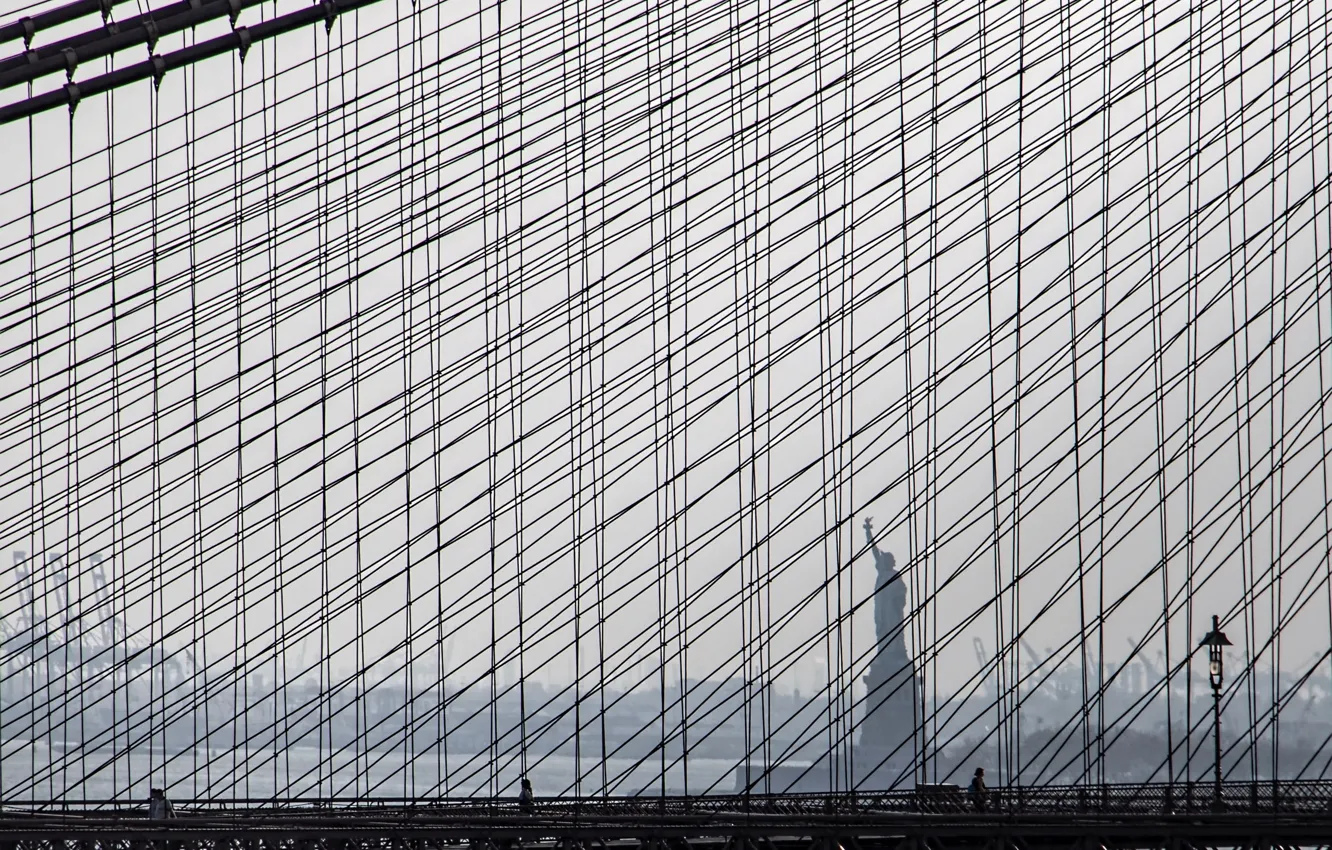 Фото обои New York, Brooklyn Bridge, Statue of Liberty