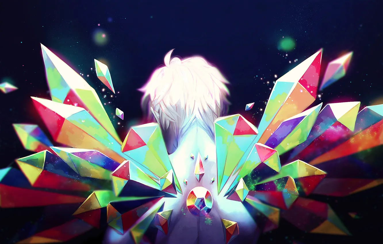 Фото обои спина, огоньки, кристаллы, парень, белые волосы, синий фон, art, Rainbow gem