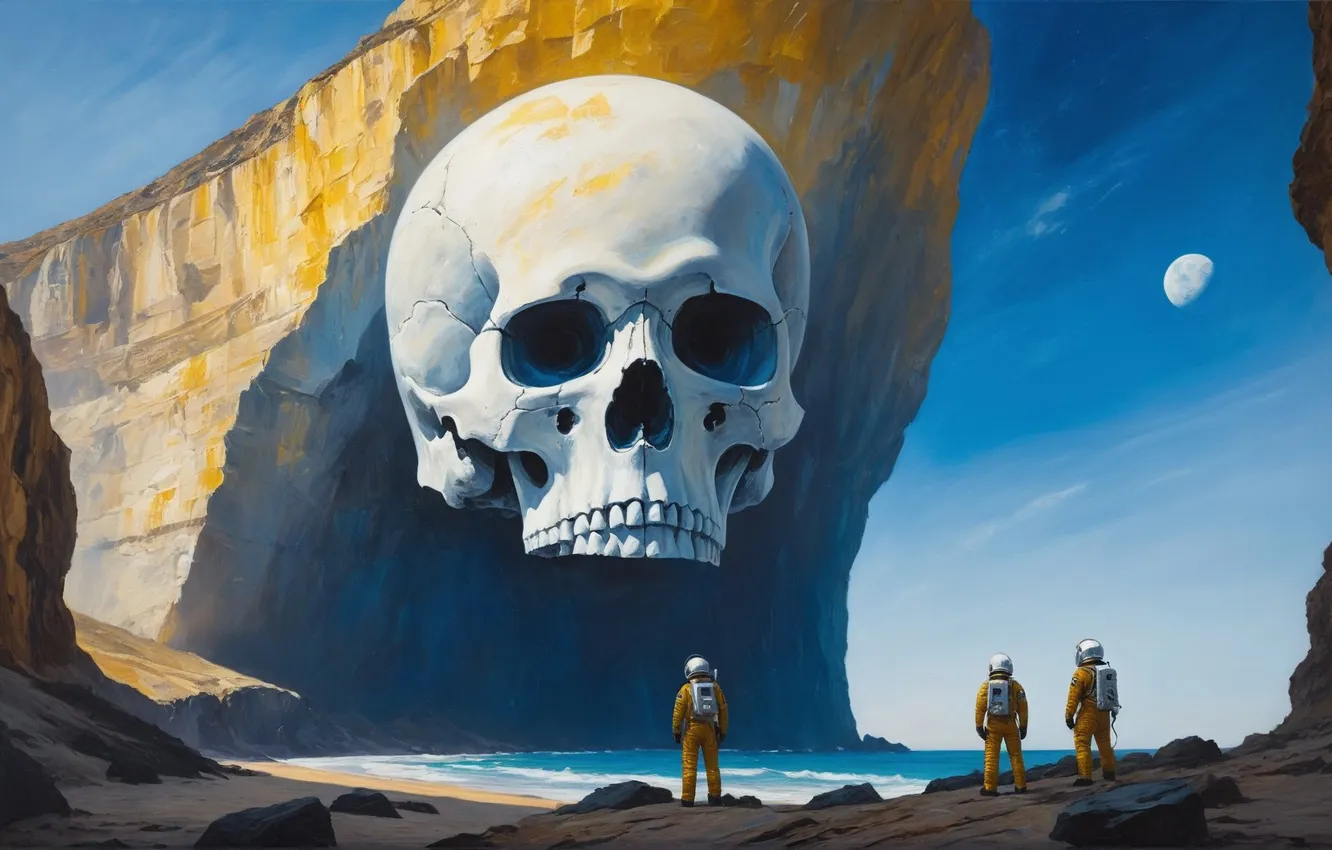 Фото обои скалы, череп, космонавт