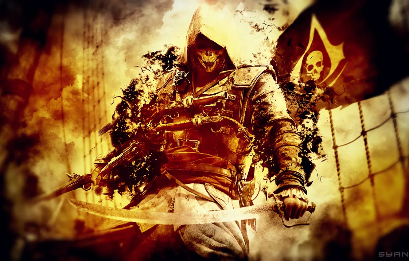 Фото обои sword, pistol, Ubisoft, flag, weapons, video game, Assassin's Creed 4, Assassin's Creed IV: Black Flag