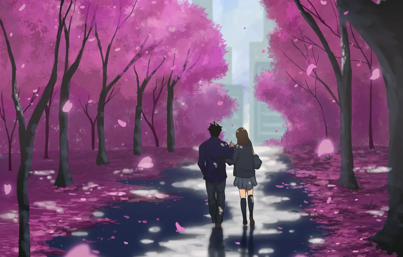 Фото обои девушка, деревья, город, дома, аниме, сакура, арт, форма