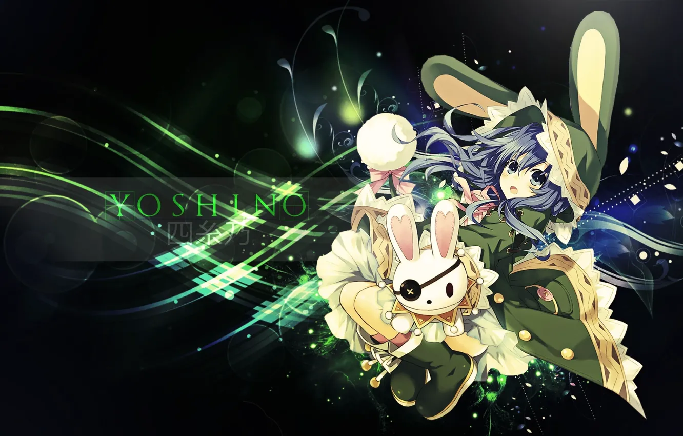 Фото обои огоньки, кролик, девочка, повязка, ушки, голубые волосы, date a live, yoshino