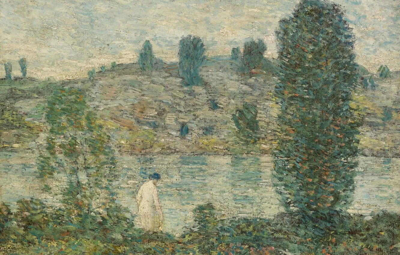 Фото обои девушка, пейзаж, река, дерево, картина, Frederick Childe Hassam, Чайльд Гассам, Летний Вечер
