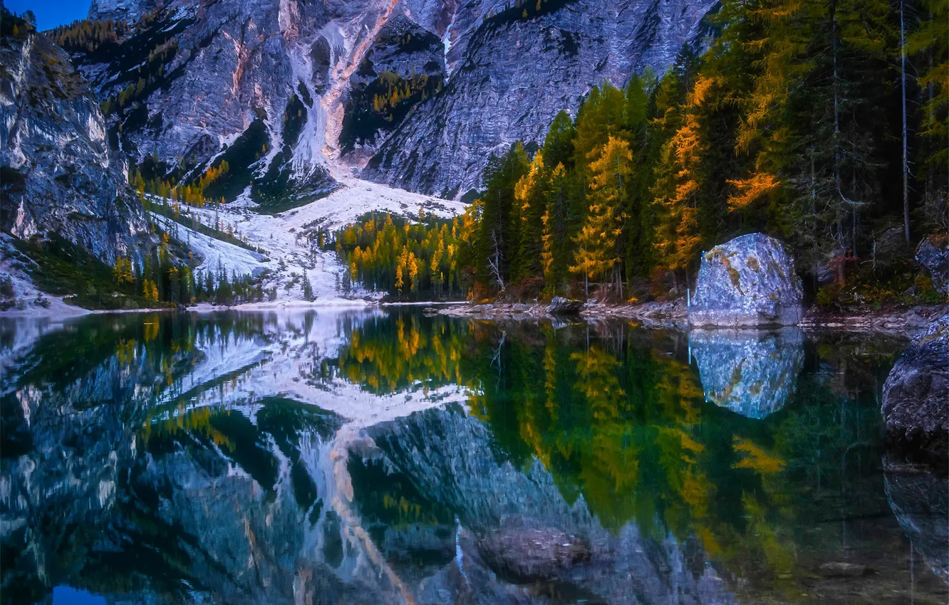 Фото обои осень, деревья, горы, озеро, отражение, Италия, Italy, Доломитовые Альпы