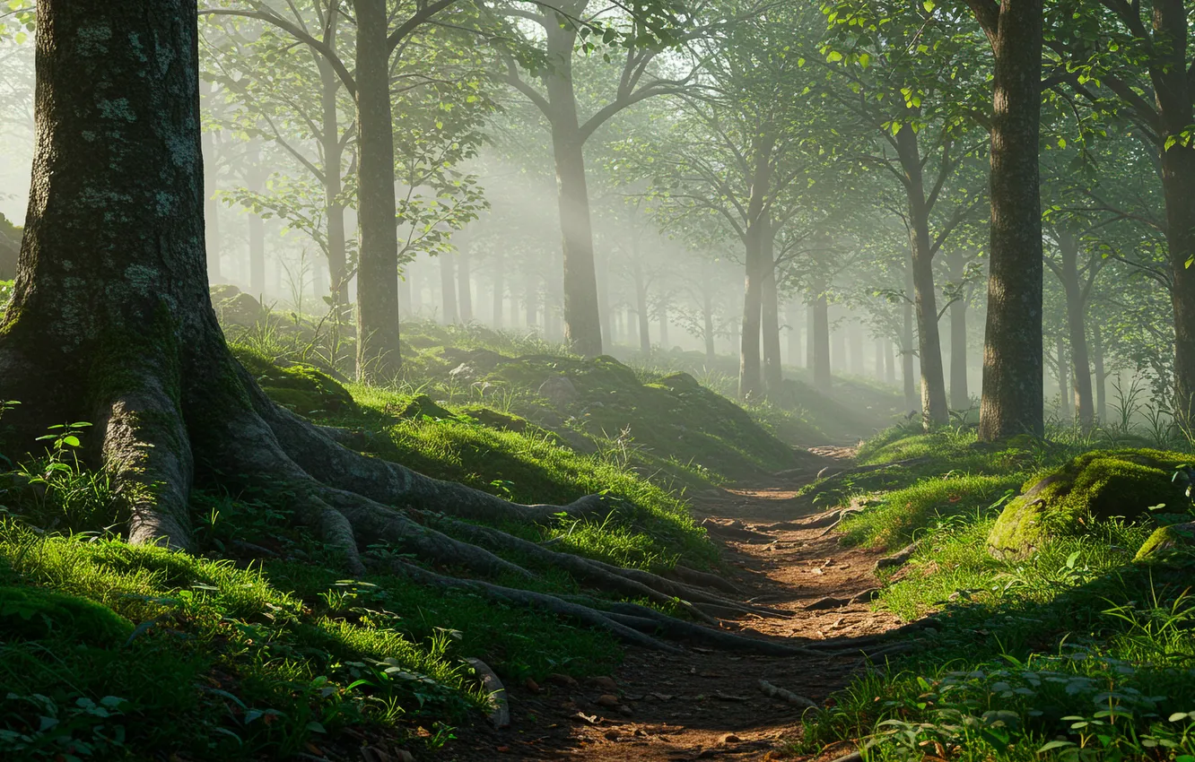 Фото обои лес, деревья, корни, туман, камни, обои, wallpaper, forest