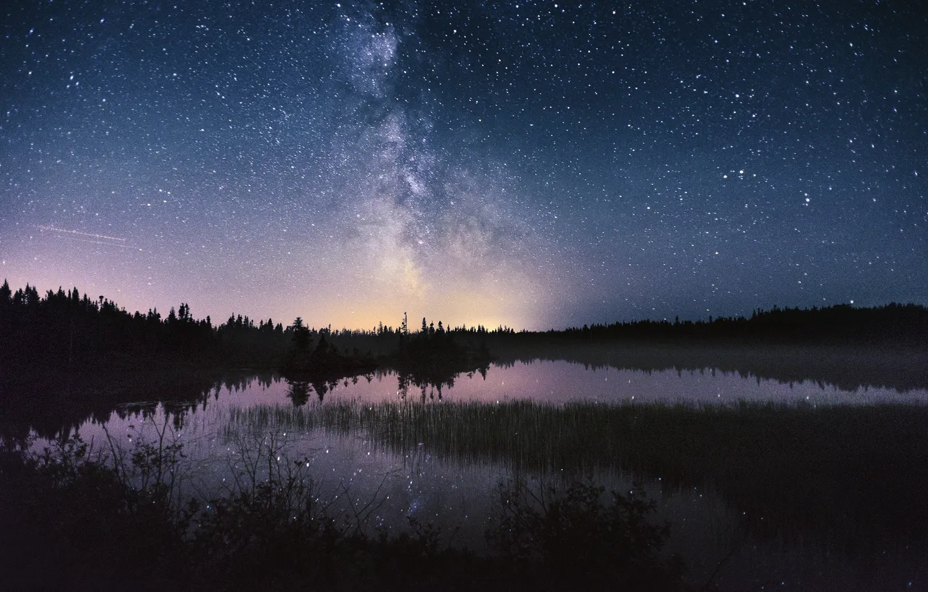 Фото обои небо, звезды, ночь, озеро, млечный путь