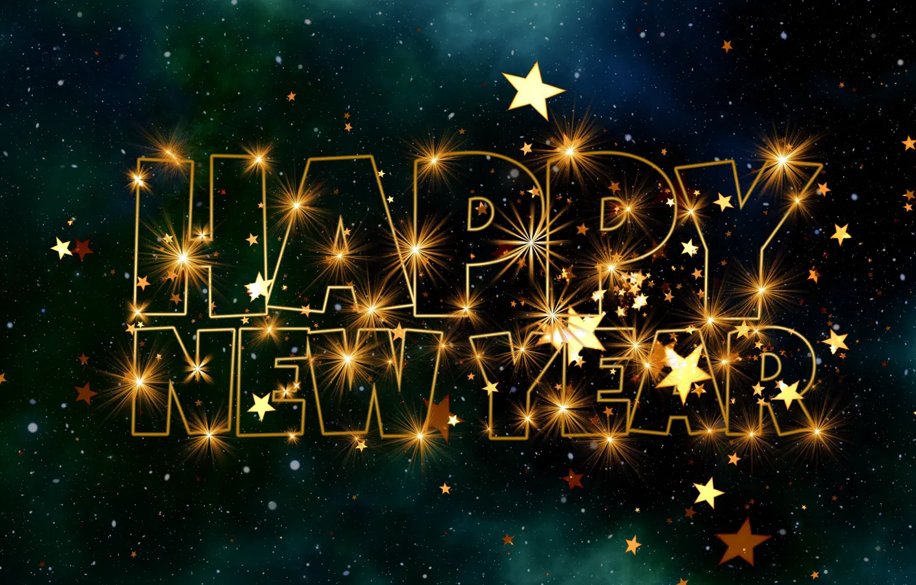 Фото обои звезды, сияние, праздник, надпись, Новый год, позолота, поздравление, ночное небо