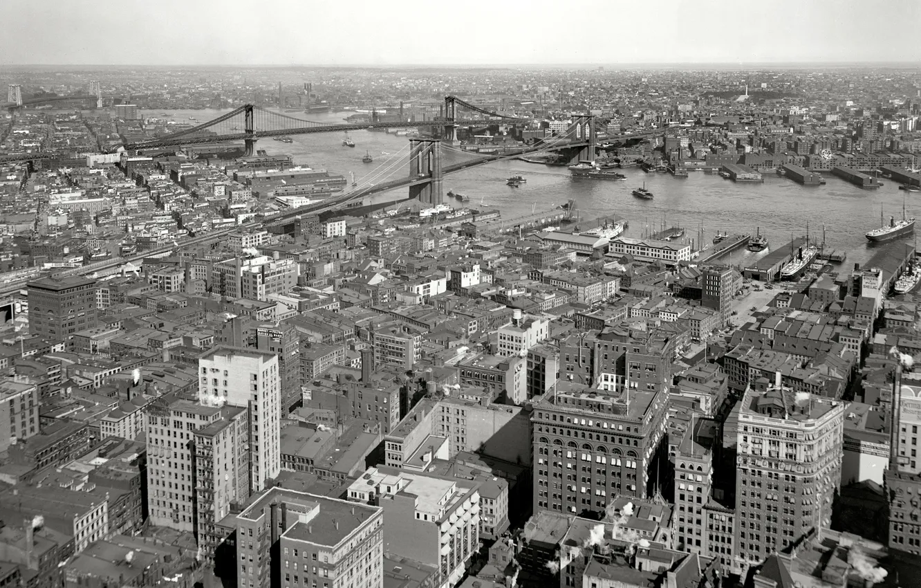 Фото обои мост, ретро, река, дома, Нью-Йорк, панорама, США, 1910-й год