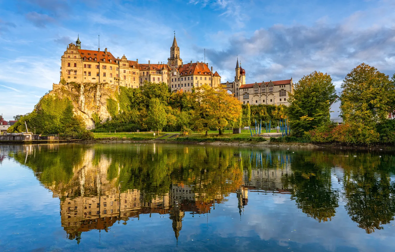 Фото обои осень, деревья, отражение, река, замок, Германия, Germany, Баден-Вюртемберг