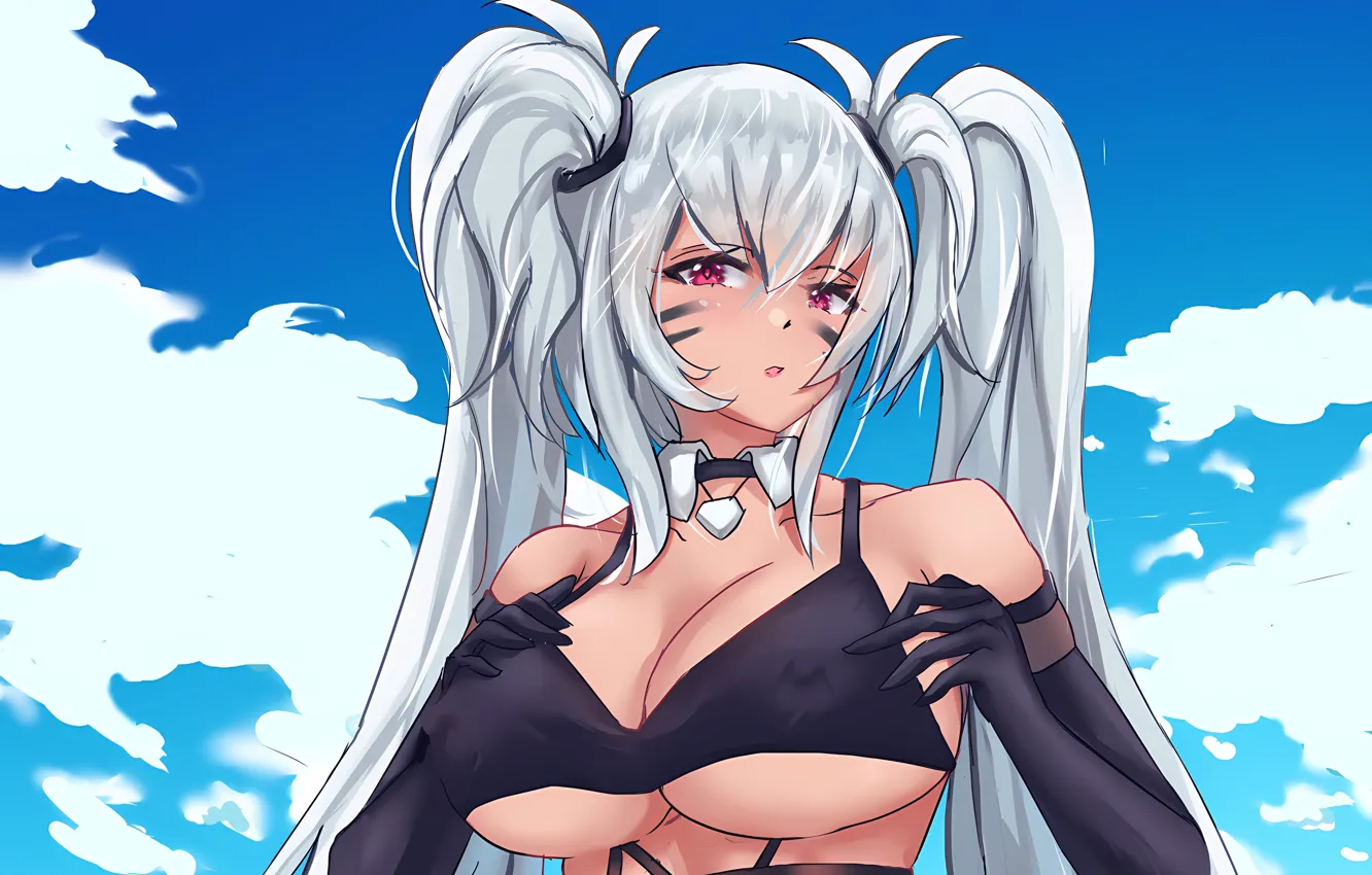 Фото обои girl, sexy, cleavage, sky, long hair, boobs, anime, beautiful