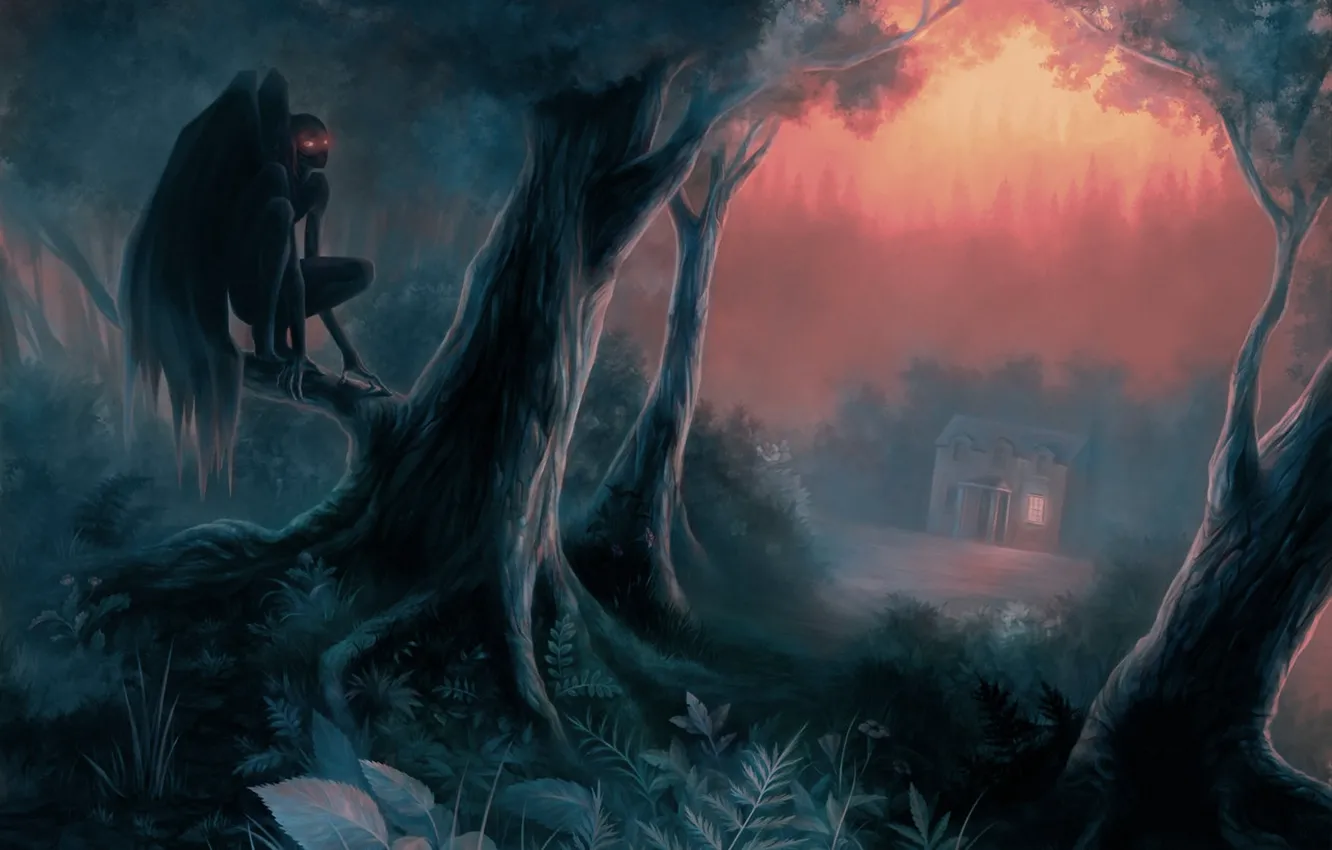 Фото обои лес, деревья, ночь, дом, демон, арт