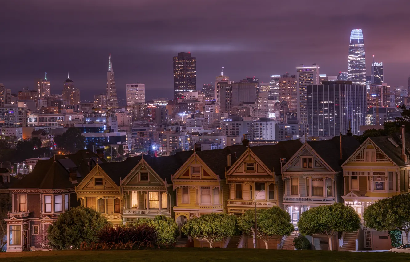 Фото обои деревья, здания, дома, Калифорния, Сан-Франциско, ночной город, небоскрёбы, California