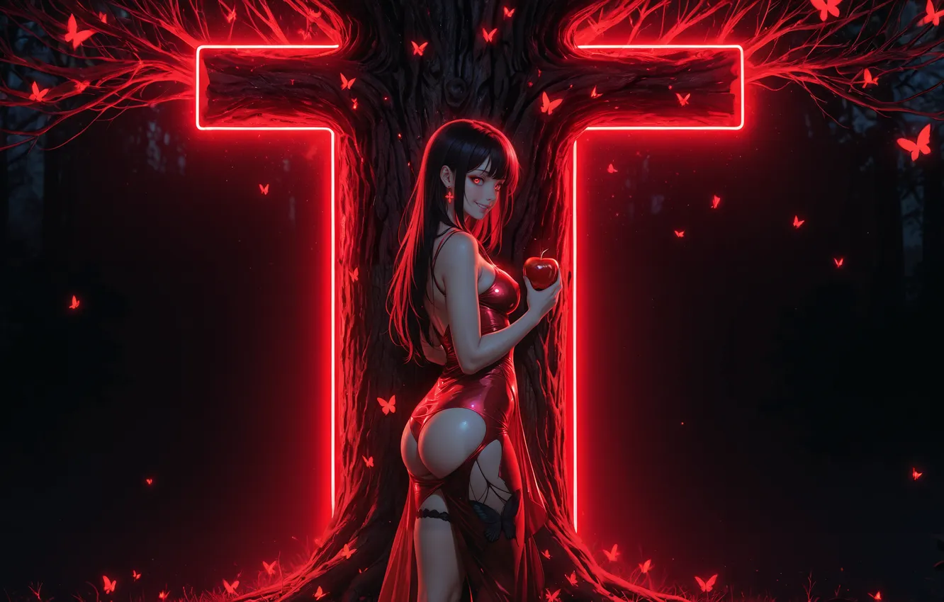 Фото обои девушка, бабочка, яблоки, apple, платье, girl, красное платье, красные глаза