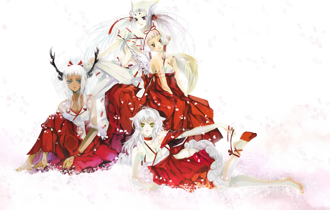 Фото обои девушки, крылья, аниме, лепестки, сакура, арт, рога, кимоно